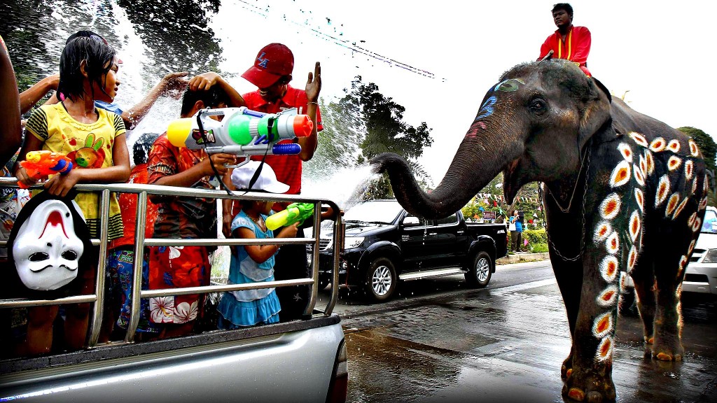 Elephants spray water at children in celebration of the Songkran